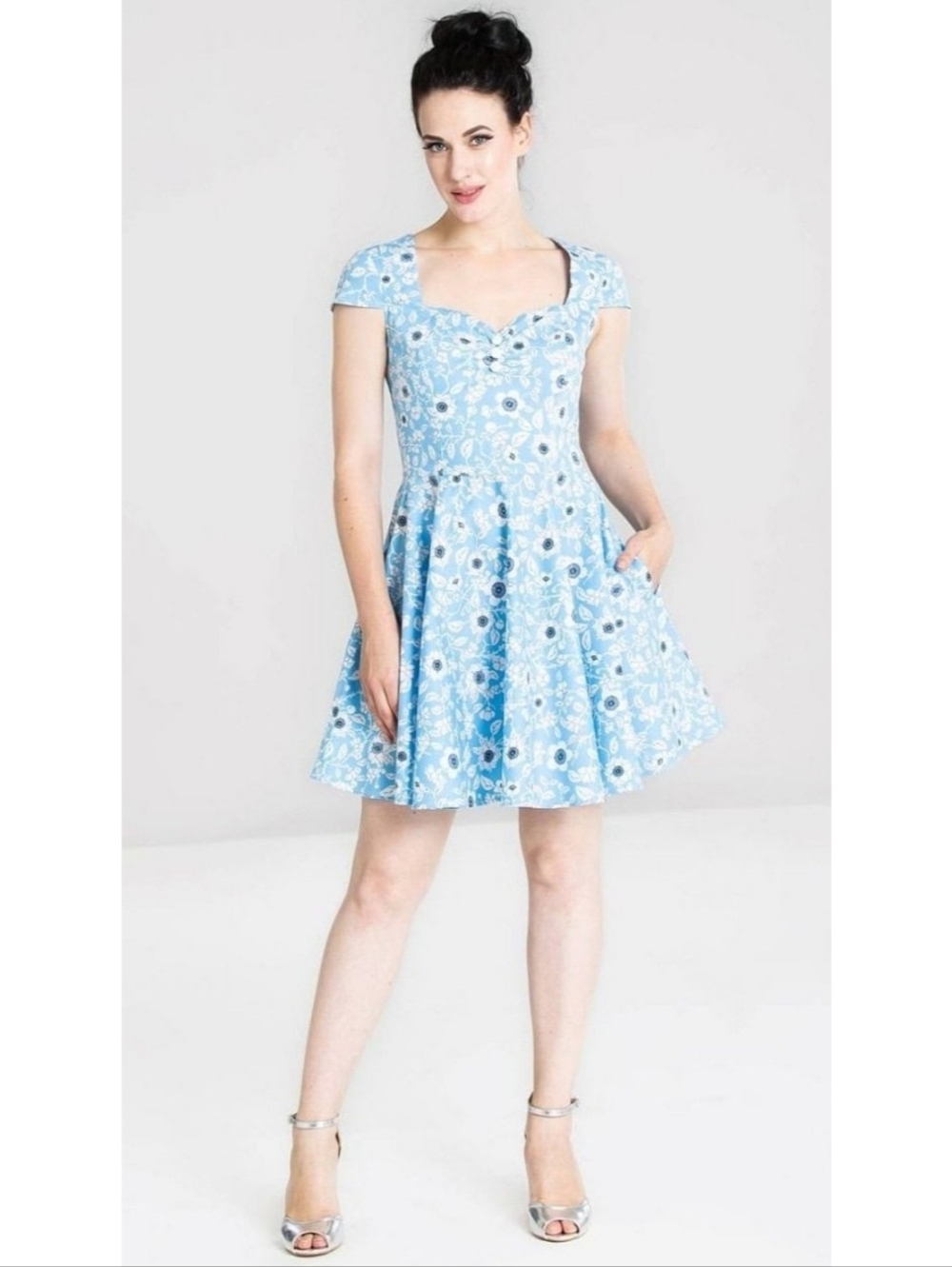 Hell Bunny blue and white floral fit and flare 1950s inspired pin-up dress
